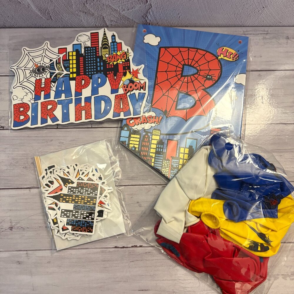 Superhero Cartoon Spiderweb Birthday Decorations NEW (SKU: 253MI)
